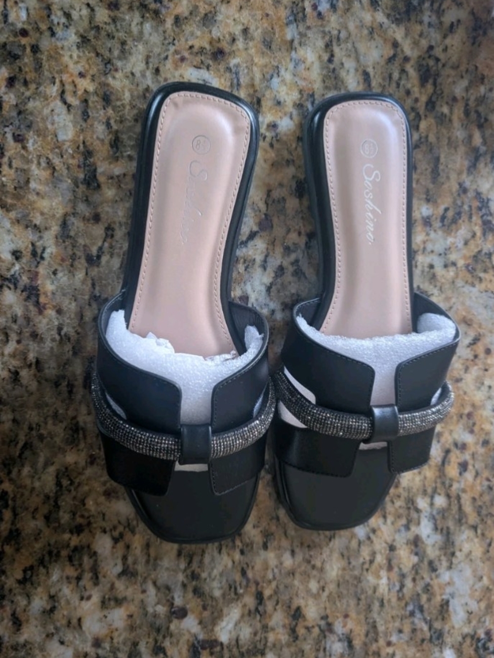 Black Slide Sandals with Embellished Strap